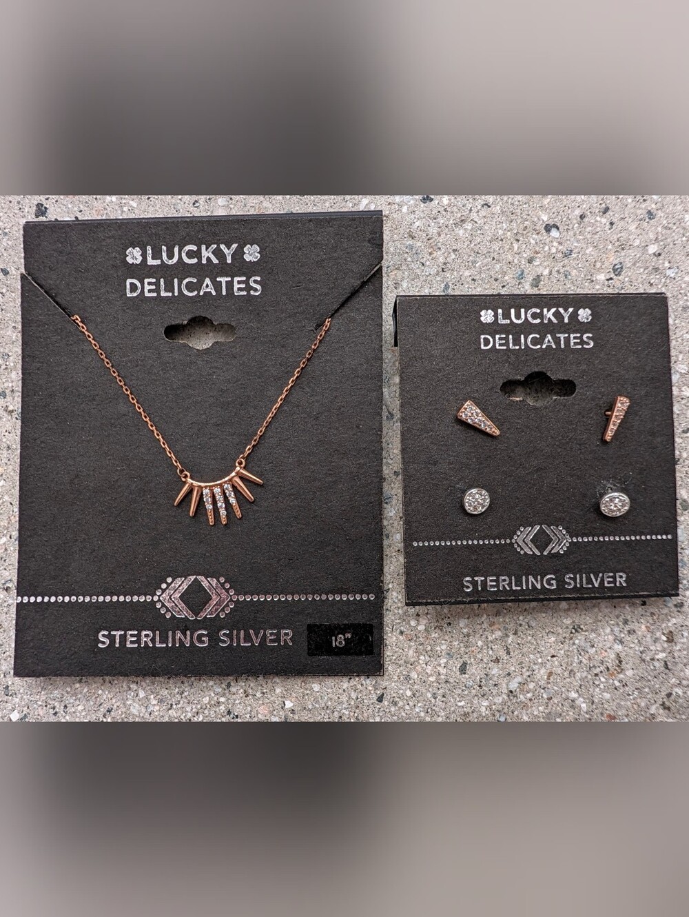 Lucky Delicates Sterling Silver Rose Gold Spike 18" Necklace & 2 Set Earrings
